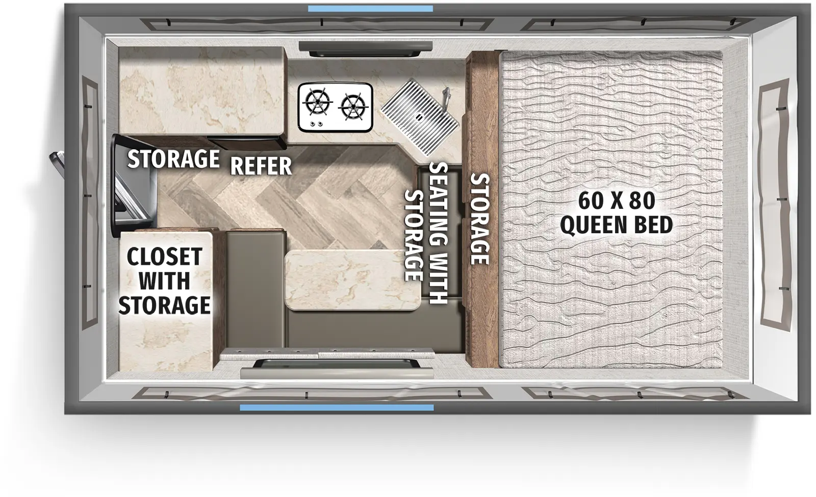 The Real Lite Truck Camper SS-1605 floorplan features include: 